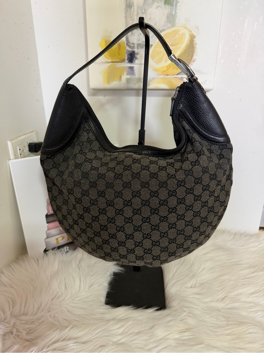 Gucci Black GG Monogram Canvas leather Hobo Bag. - Picture 14 of 16